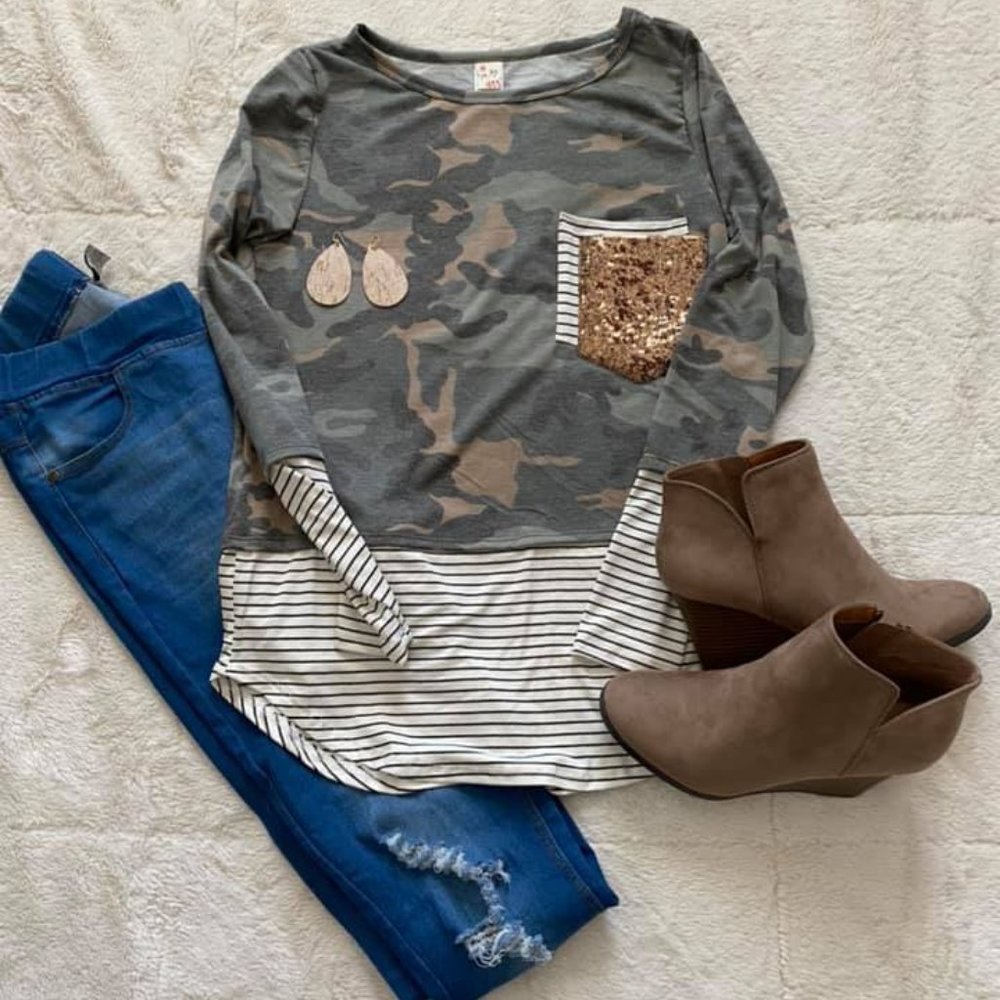 Camo Striped Pocket Top